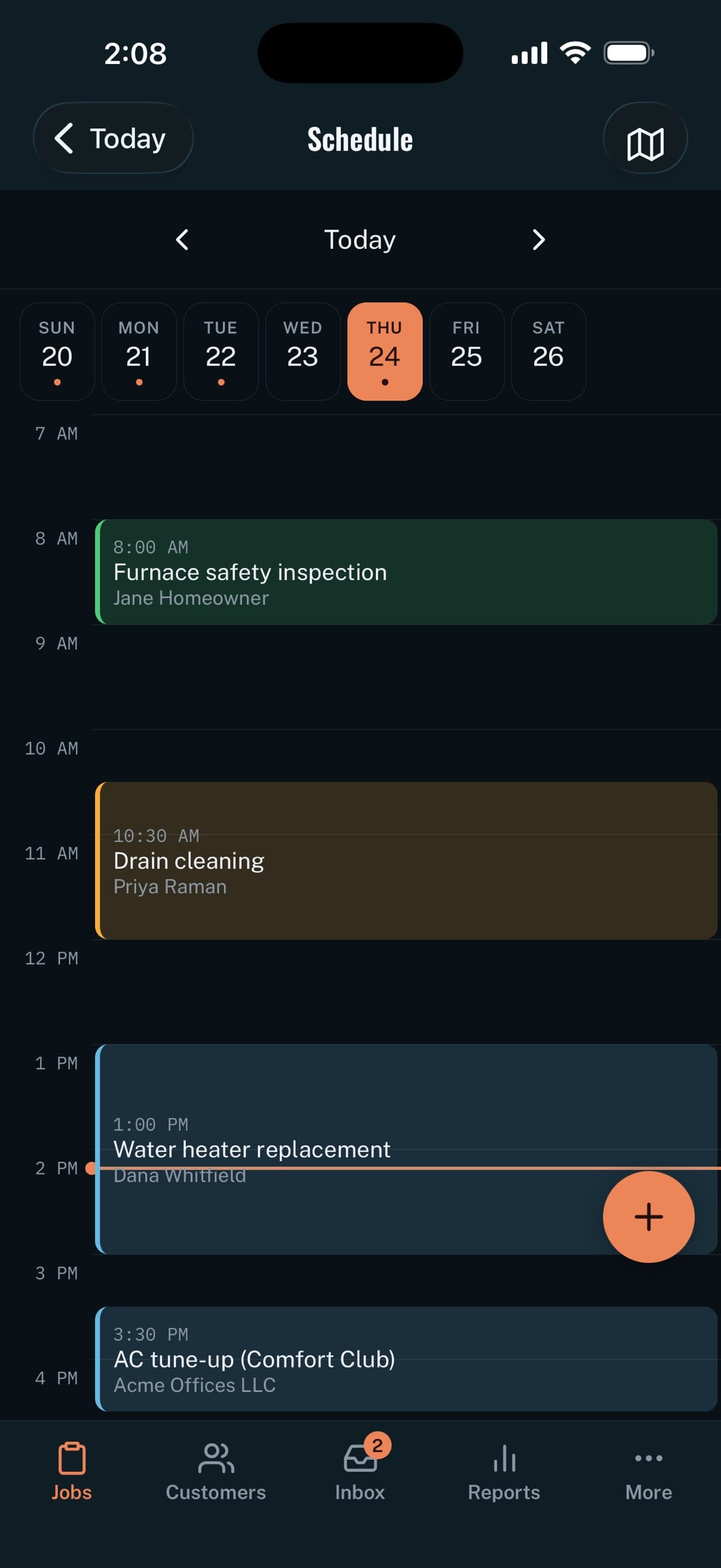 Handro iOS schedule: today's jobs laid out by hour, colored by status