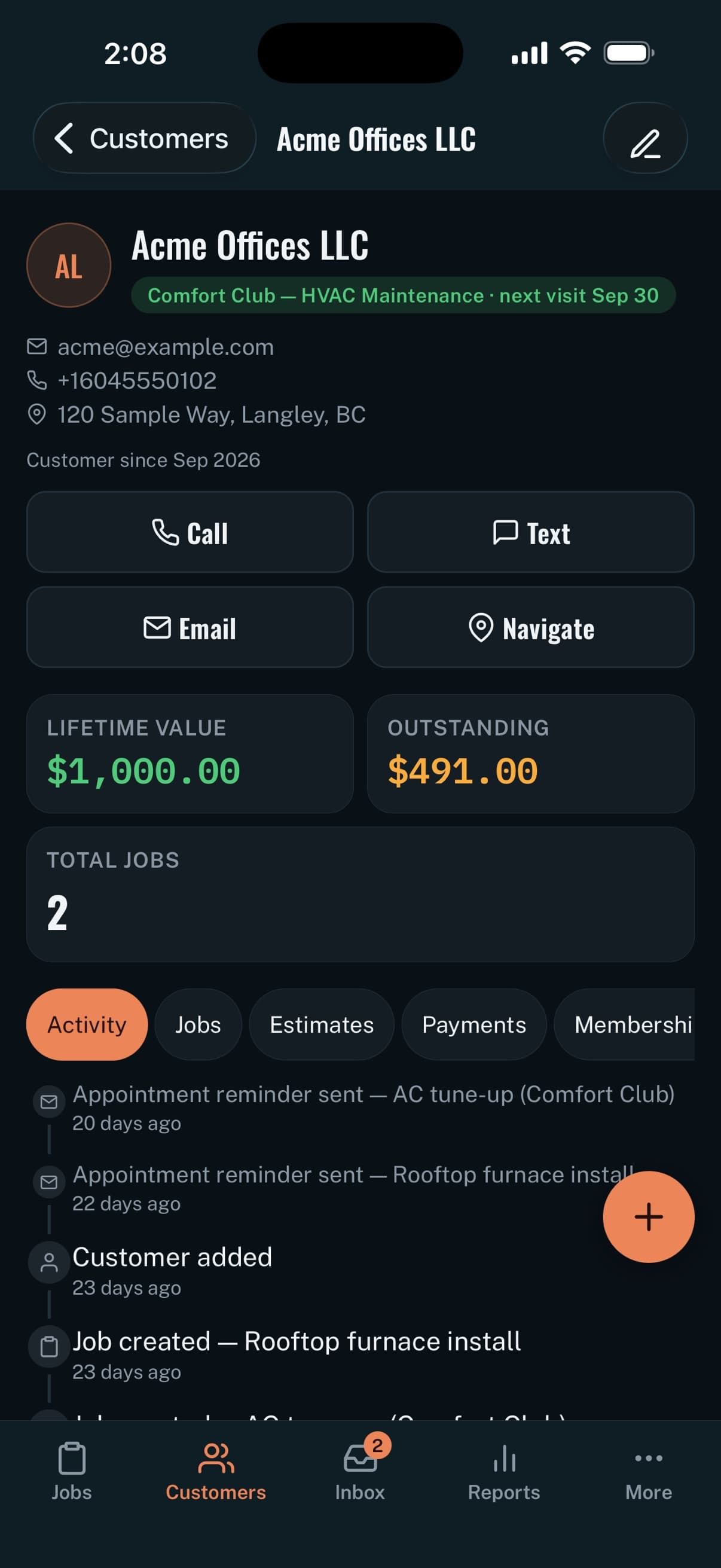 Handro iOS Customer 360: contact actions, membership, lifetime value, outstanding balance and recent activity