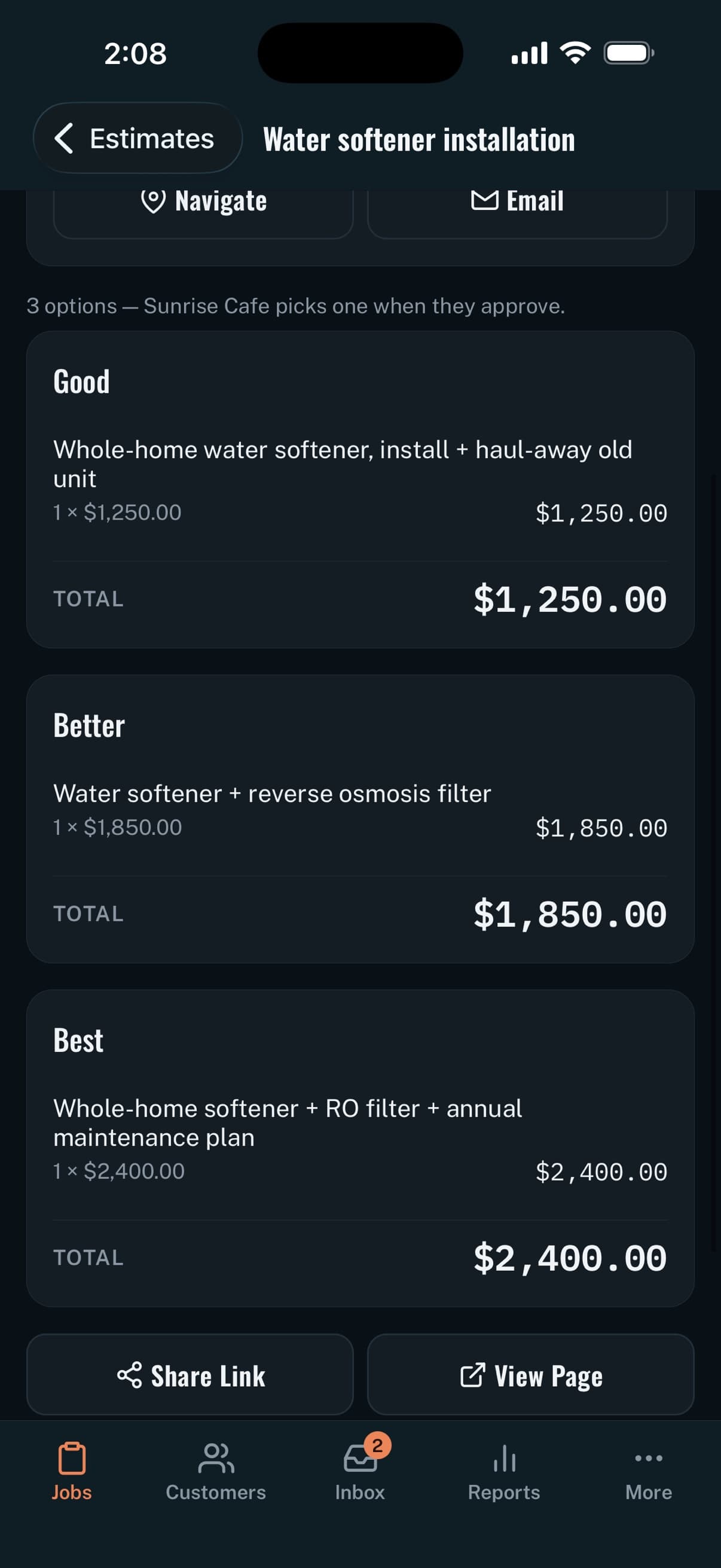 Handro iOS sent estimate with Good, Better and Best options, each with its own total, and Share Link and View Page actions