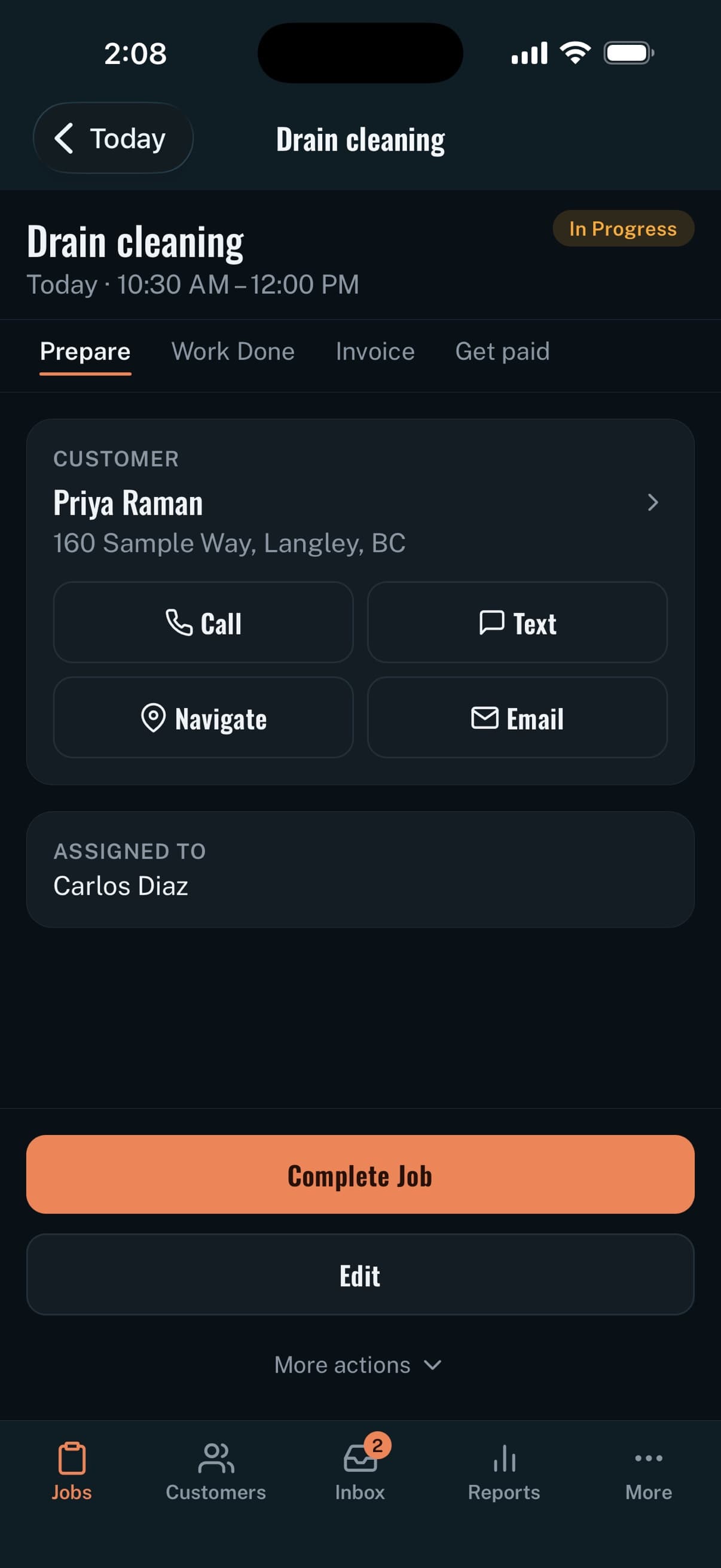 Handro iOS job screen on the Prepare tab: customer, call, text, navigate and email, assigned technician, Complete Job